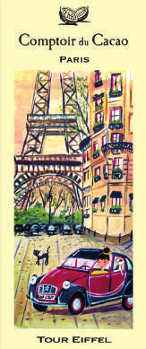 Comptoir du Cacao 72% dark chocolate bar, Tour Eiffel, car