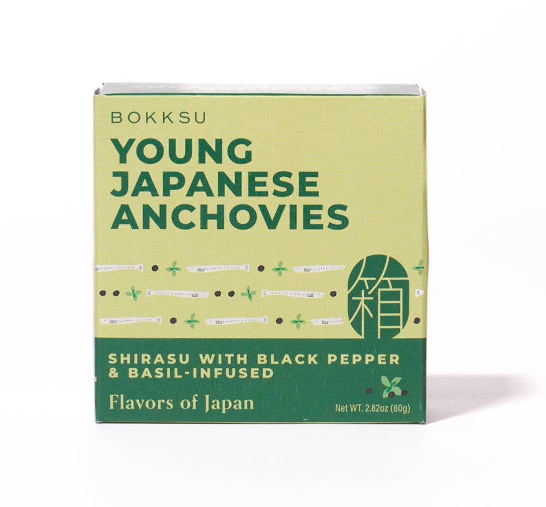 BOKKSU JAPANESE SHIRASU ANCHOVIES WITH BLACK PEPPER AND BASIL-INFUSED OIL