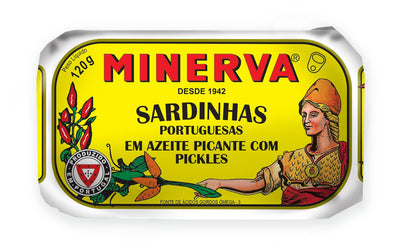 MINERVA GOURMET SARDINES IN SPICED OLIVE OIL WITH PICKLES